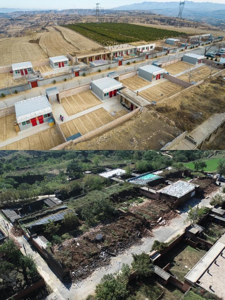 拼版照片，上圖是2022年1月山西省霍州市師莊鄉(xiāng)馮南垣村災(zāi)后恢復(fù)重建后的場景，下圖是2021年10月村莊因災(zāi)受損的場景。(霍州市委宣傳部供圖)