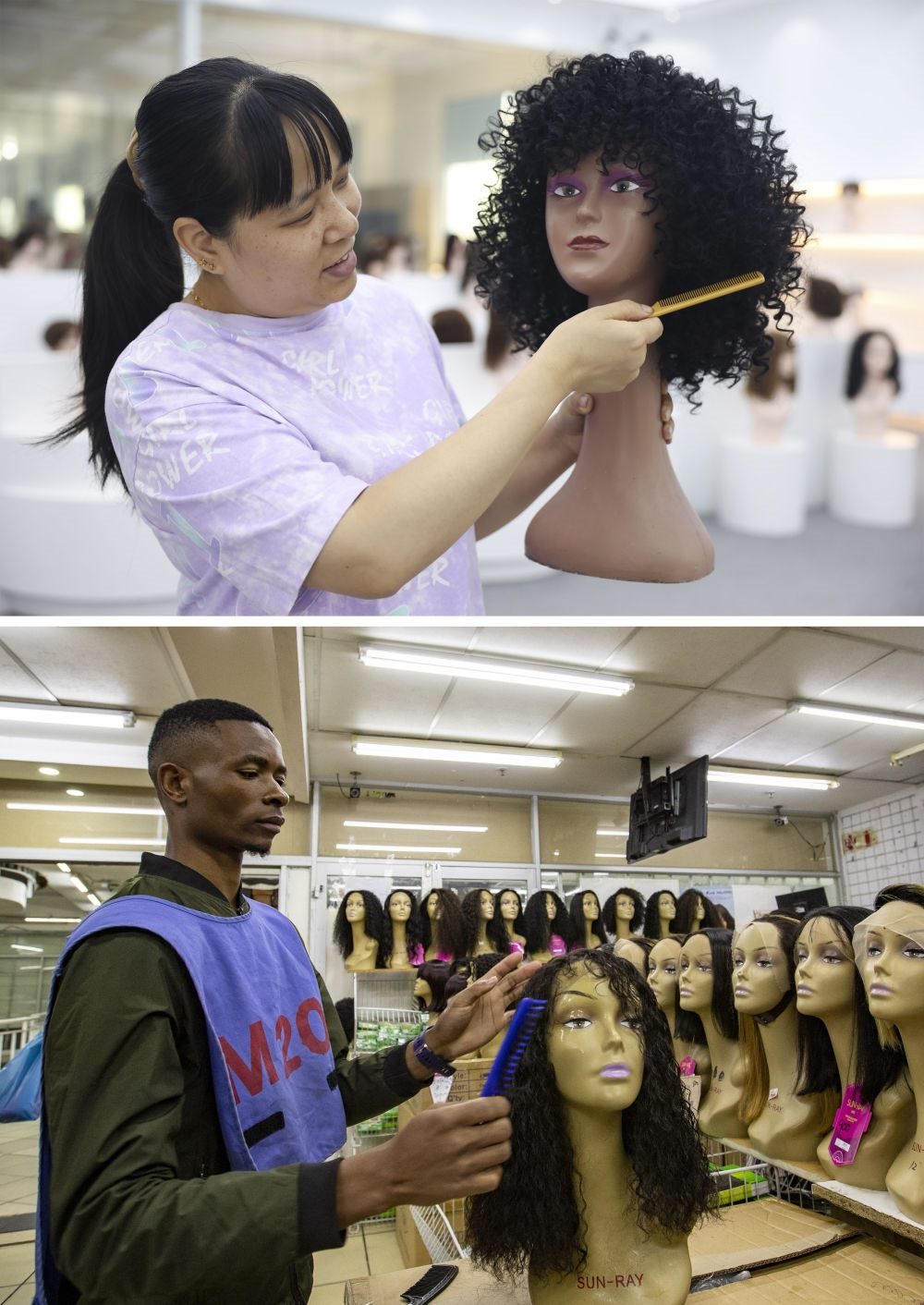 拼版照片：上圖為2023年5月25日，工人在湖南邵陽(yáng)陽(yáng)光發(fā)品有限公司展廳展示假發(fā)（新華社記者薛宇舸攝）；下圖為2023年6月9日，一名店員在湖南邵陽(yáng)陽(yáng)光發(fā)品有限公司位于南非約翰內(nèi)斯堡的店鋪內(nèi)展示假發(fā)（新華社記者張譽(yù)東攝）。新華社發(fā)