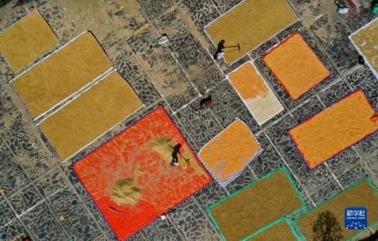 9月16日，貴州省黔東南苗族侗族自治州丹寨縣南皋鄉(xiāng)石橋村村民在晾曬農(nóng)作物（無人機照片）。