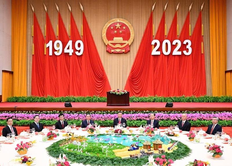 △2023年9月28日，慶祝中華人民共和國成立74周年招待會(huì)在北京人民大會(huì)堂舉行。