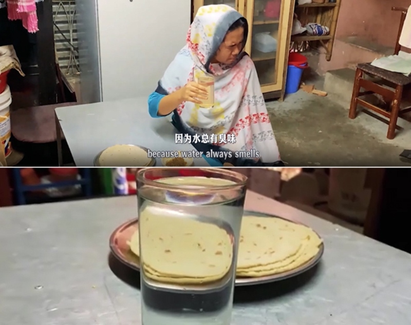 圖為紀(jì)實(shí)短片截圖：上圖為水質(zhì)未改善前，飲用水發(fā)黃渾濁；下圖為水廠建成后，飲用水水質(zhì)明顯改善，清澈透明。