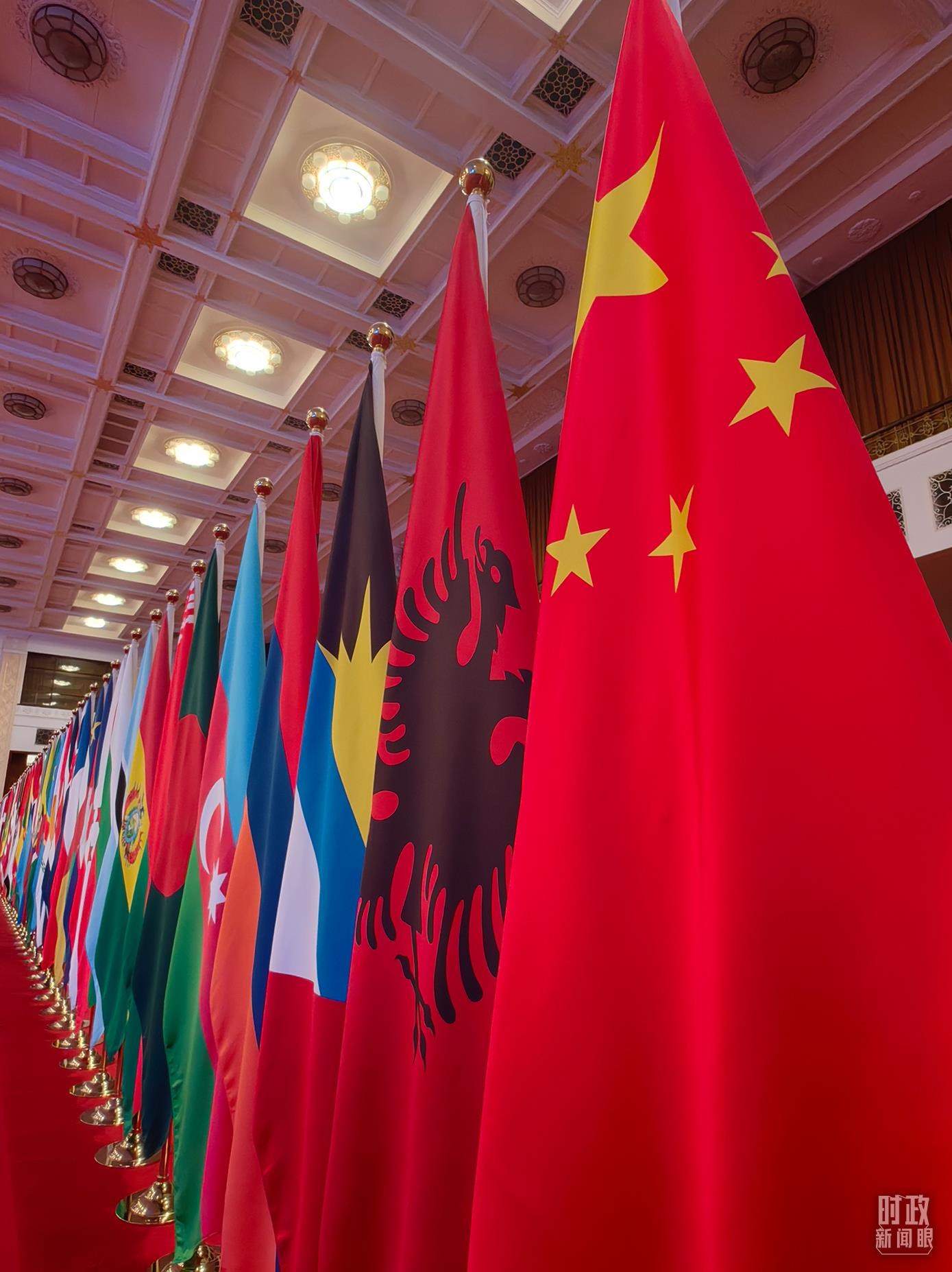 △開幕式會場內(nèi)整齊排列的旗幟。（總臺央視記者楊波拍攝）