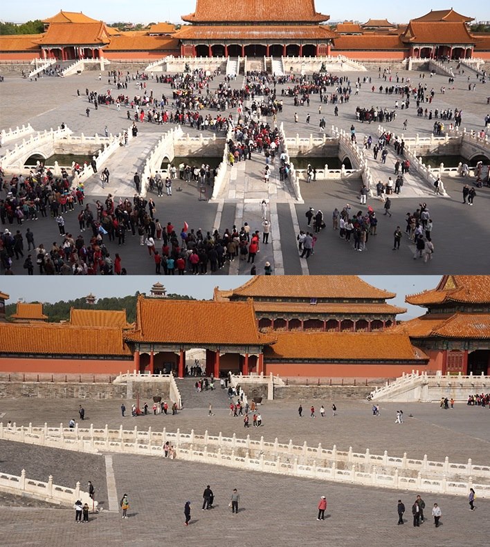上午9時(shí)和下午13時(shí)的太和門廣場(chǎng)客流對(duì)比。故宮博物院供圖