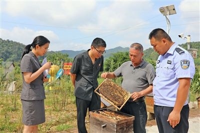  圖②：蒙山法院黃村法庭法官深入蜂蜜合作社，實(shí)地了解蜂農(nóng)需求。