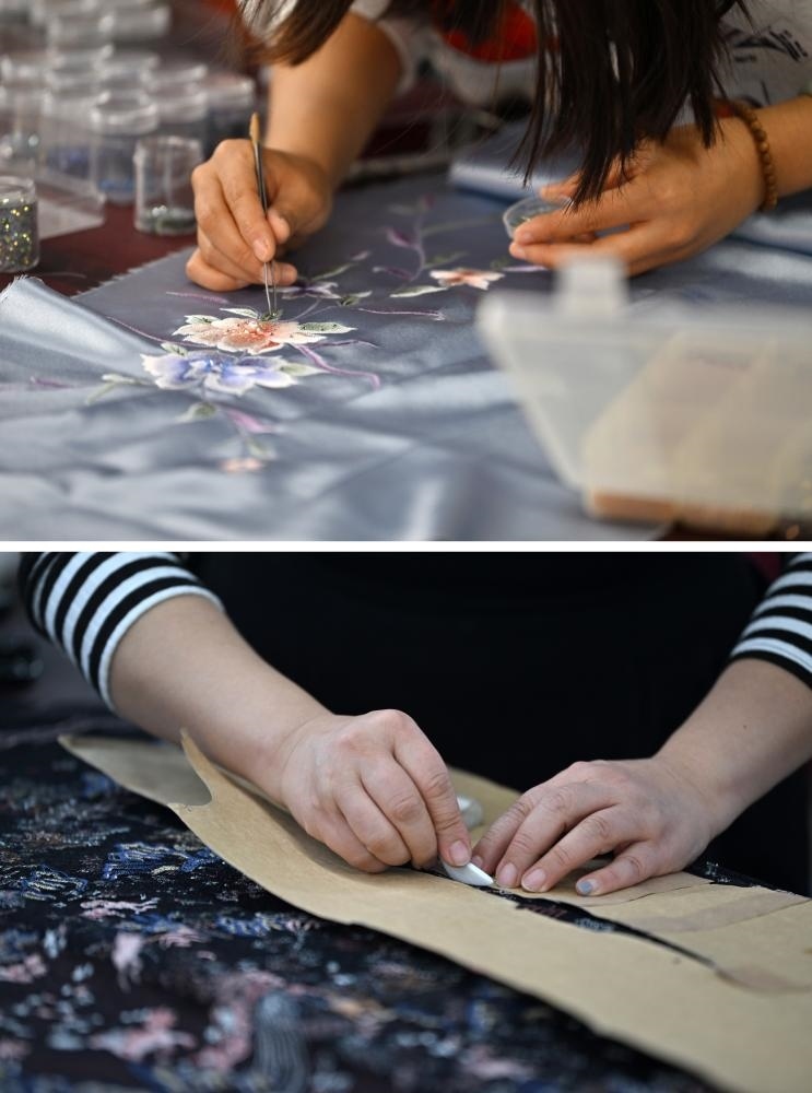 拼版照片：上圖為老美華定制車間的制衣師傅在面料上貼鉆；下圖為老美華定制車間的制衣師傅在面料上劃線（2023年12月8日攝）。天津老美華始創(chuàng)于1911年，歷史上以“千層底”布鞋聞名，是享譽津門的“中華老字號”。新華社記者 李然 攝