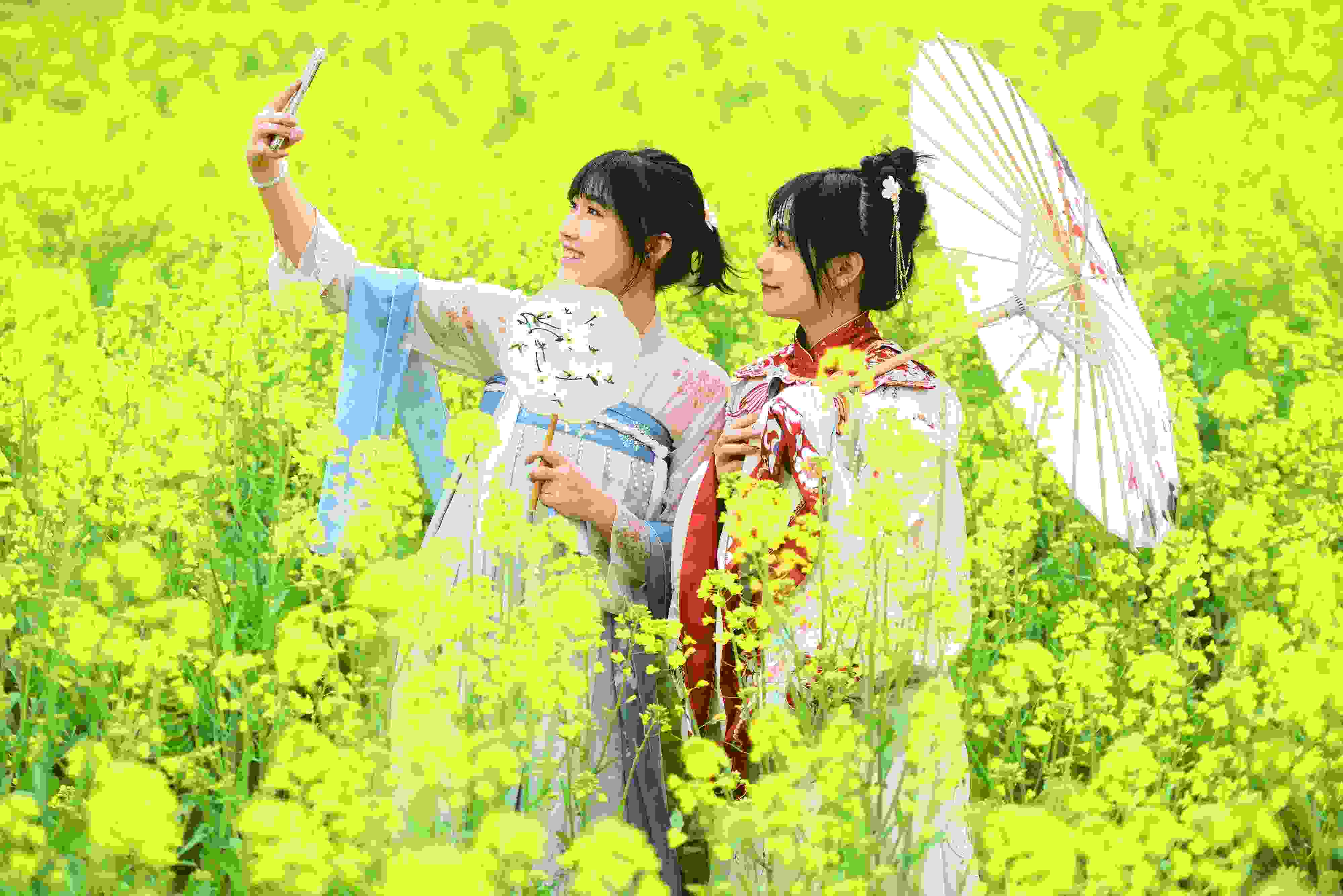 △ 2024年2月16日，廣西賀州，在富川瑤族自治縣麥嶺鎮(zhèn)三民村，游客在油菜花田間賞花拍照。