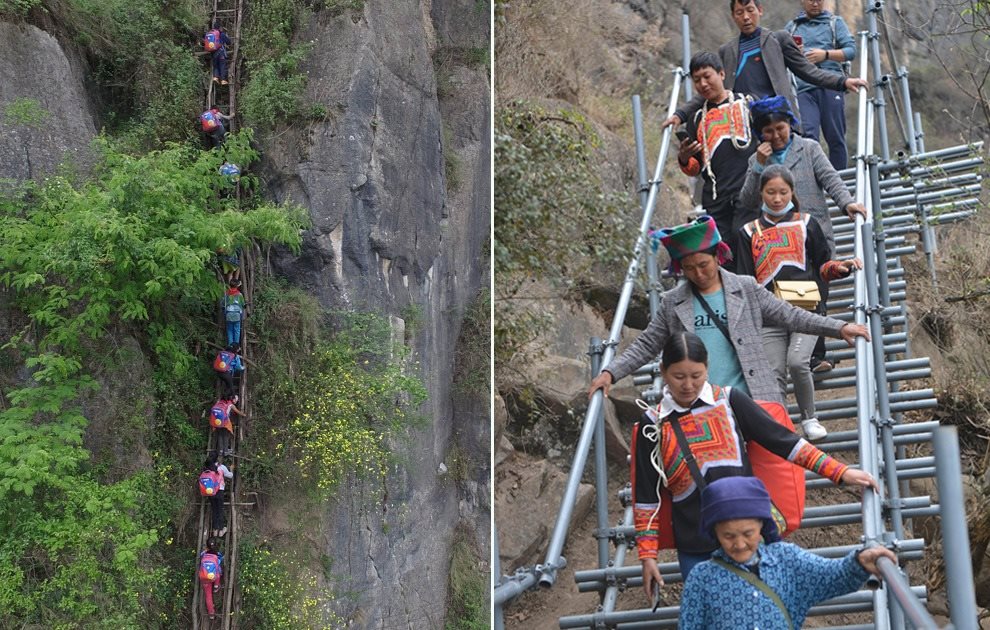 “懸崖村”今昔對(duì)比：左圖為2016年5月14日，“懸崖村”的孩子們攀爬木梯回家。右圖為2020年5月13日，“懸崖村”村民帶著行李通過鋼梯下山，搬遷至易地扶貧集中安置點(diǎn)的新家。