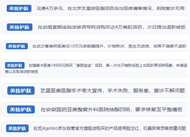 “人民投訴”用戶舉報(bào)醫(yī)美未達(dá)預(yù)期效果或?qū)е律眢w損傷退款遭拒、機(jī)構(gòu)及服務(wù)人員虛假資質(zhì)、被誘導(dǎo)高額醫(yī)美貸、網(wǎng)購(gòu)美容儀器質(zhì)量不過(guò)關(guān)等問(wèn)題。（“人民投訴”平臺(tái)截圖）