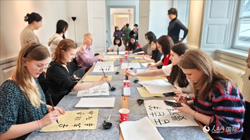 瑞典書法愛好者專心學習書法。人民網記者 殷淼攝