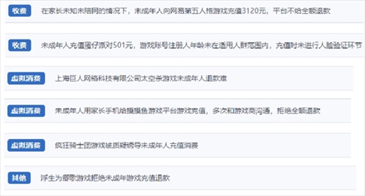 網(wǎng)友涉及“熊孩子”氪金相關(guān)投訴問題。（“人民投訴”用戶投訴截圖）