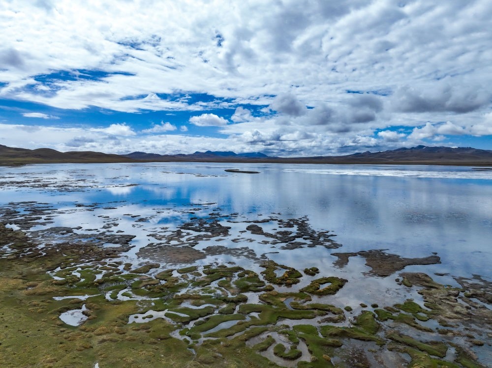 這是2024年5月26日在長(zhǎng)江源頭地區(qū)拍攝的班德湖一角（無(wú)人機(jī)照片）。新華社記者 張龍 攝