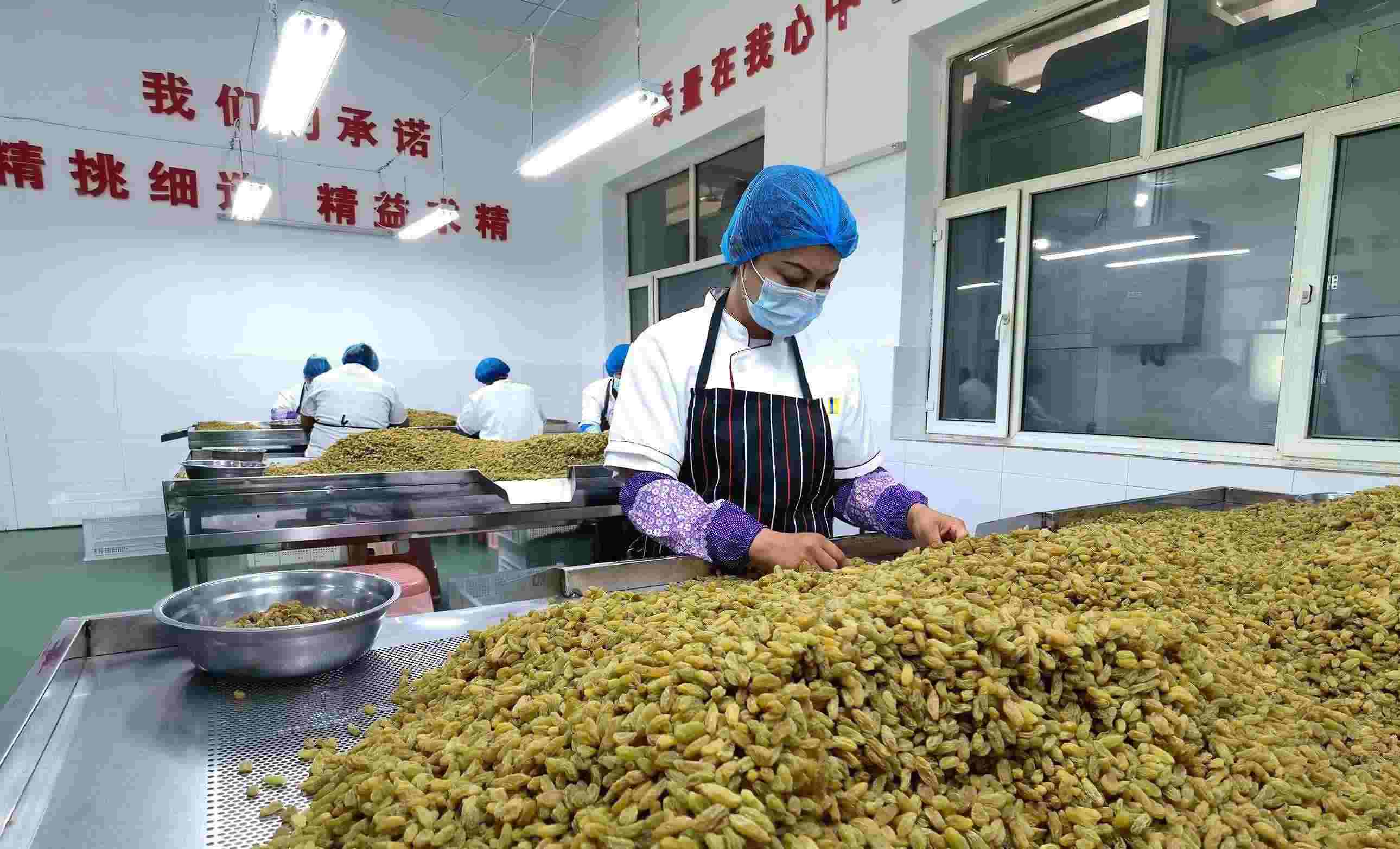 新疆吐魯番市高昌區(qū)亞爾鎮(zhèn)新城西門村，村民們在分揀葡萄干。