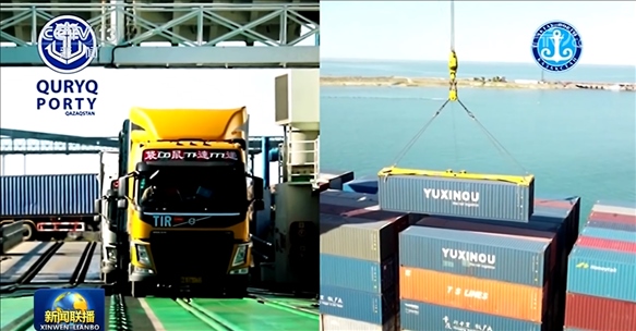 △ 2024年7月3日，中哈兩國元首通過大屏幕觀看車輛登船、集裝箱裝船等實時情況。（新聞聯(lián)播截圖）