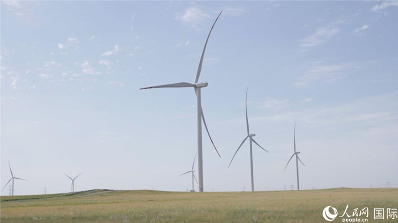 阿克莫拉州風(fēng)電項目群風(fēng)機。 人民網(wǎng)記者 葛泰佚攝