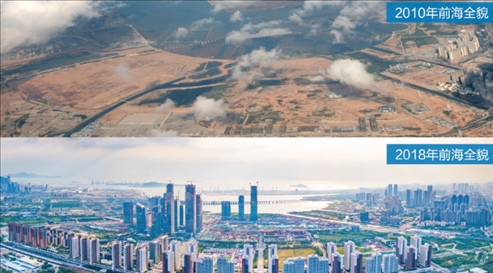 △在前海石公園的前海開發(fā)開放成果展示墻上，一張八年間的前海全貌對(duì)比圖。