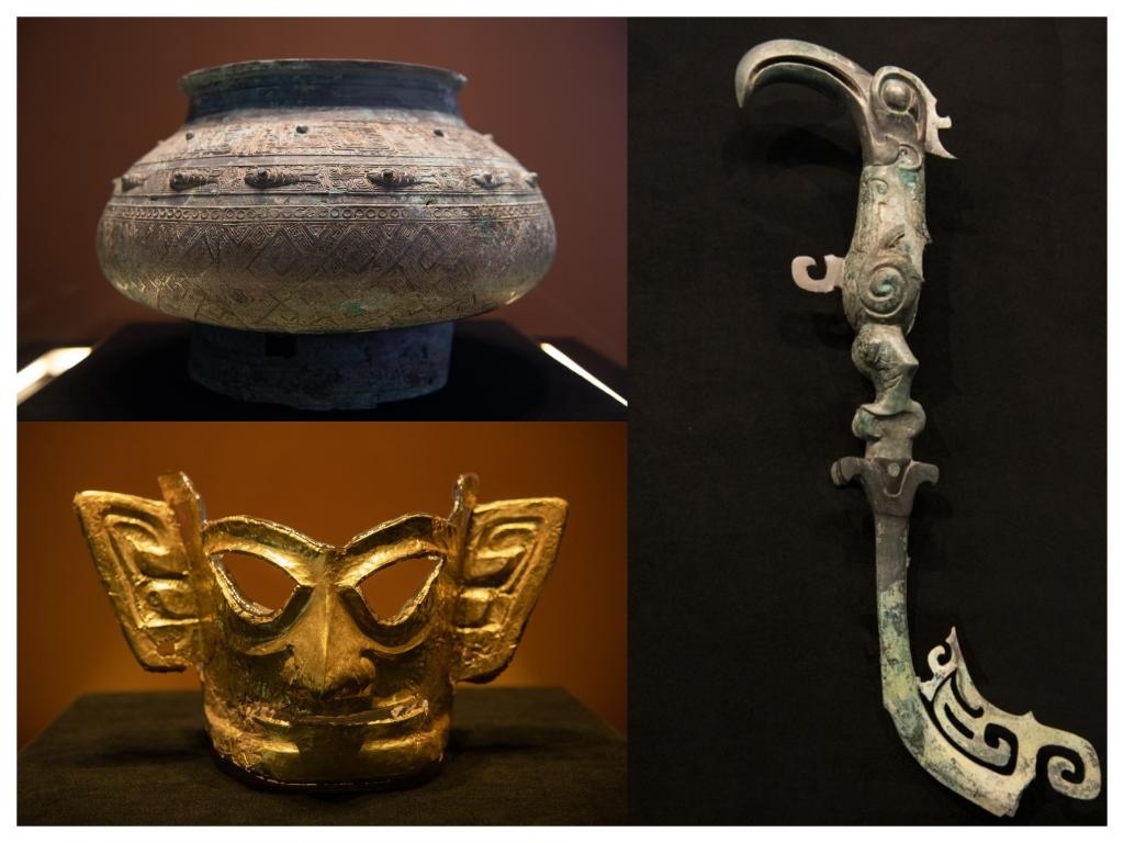 拼版照片：左上圖為青銅瓿，左下圖為黃金面具，右圖為青銅樹枝。新華社記者唐文豪 攝