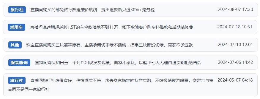 近期網(wǎng)友涉及直播購物相關(guān)投訴問題。（“人民投訴”用戶投訴截圖）