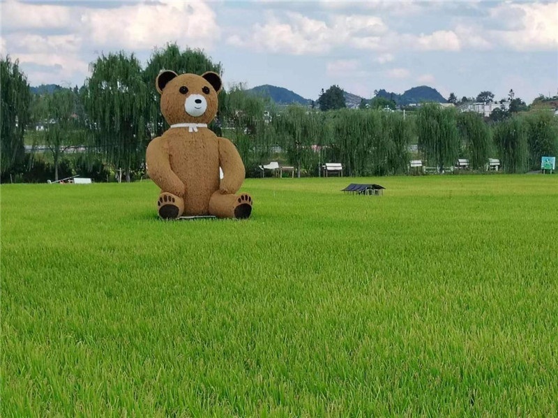 稻穗搖曳，垂柳依依，山嵐多姿，好一幅歲月靜好山鄉(xiāng)恬靜圖。這憨厚俏皮的熊玩偶造型，像是亂入其中，形成現(xiàn)代與傳統(tǒng)、好動與寧靜的反差感，讓人過目不忘，也讓人莞爾一笑。（哈薩克斯坦鳳凰24新聞社總編輯兼首席執(zhí)行官克馬爾·馬山羅攝）