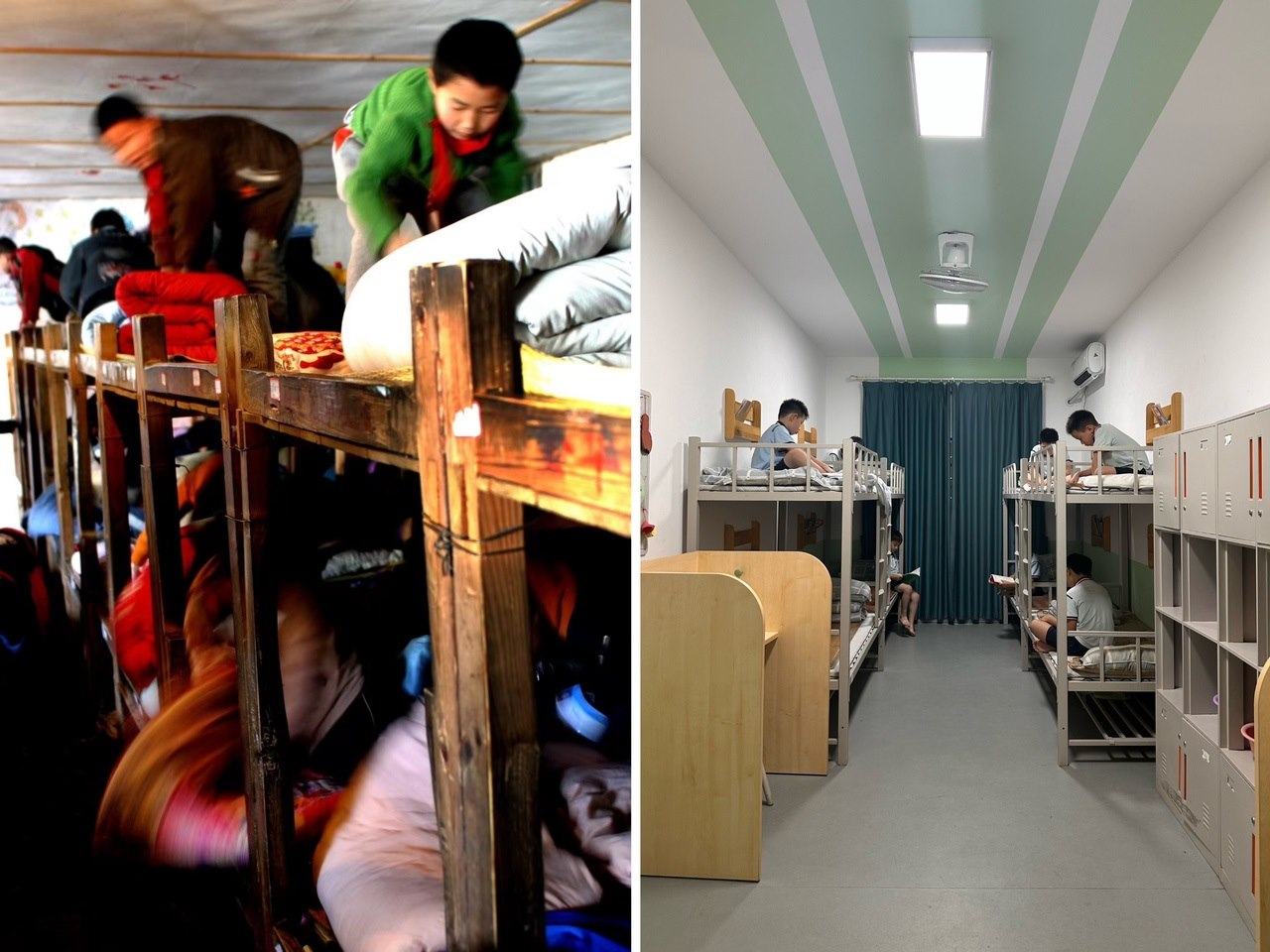 縉云縣東渡鎮(zhèn)長(zhǎng)坑小學(xué)2005年以前的學(xué)生宿舍（左），以及現(xiàn)在的學(xué)生宿舍（右） 學(xué)校供圖