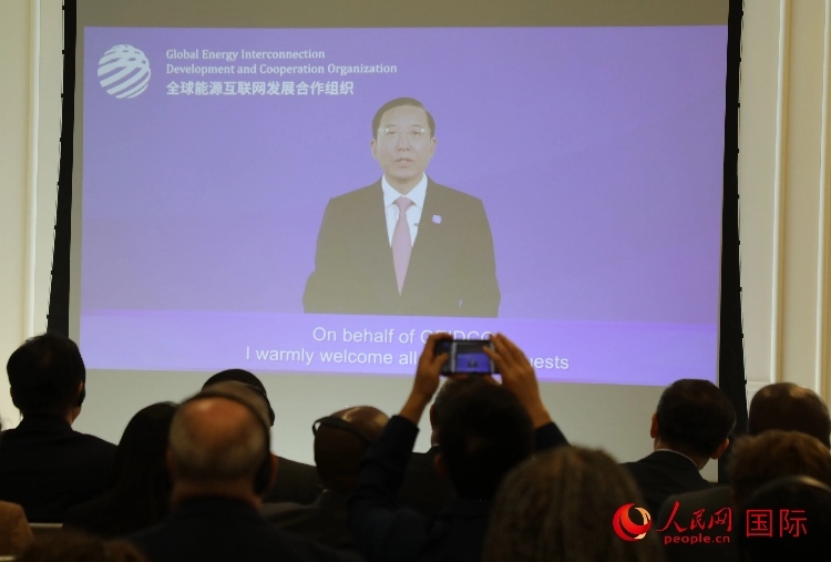 全球能源互聯(lián)網發(fā)展合作組織主席、中國電力企業(yè)聯(lián)合會理事長辛保安通過視頻方式致辭。人民網記者 李志偉攝