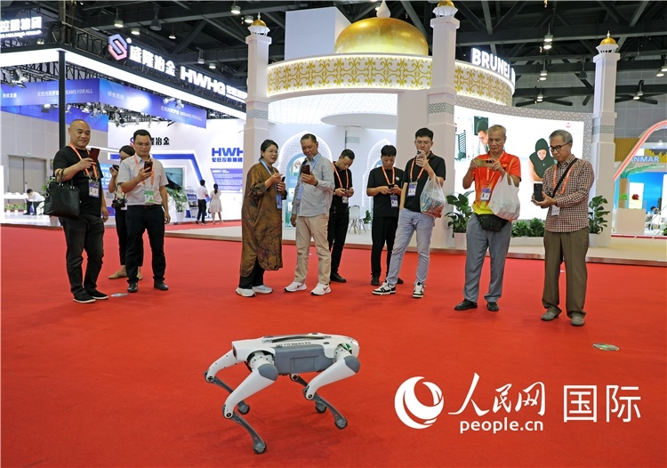 東博會(huì)上，觀眾正在參觀一只機(jī)器狗。綠色能源、新能源汽車、綠色農(nóng)產(chǎn)品等成為本屆東博會(huì)觀眾關(guān)注的焦點(diǎn)。人民網(wǎng)記者 趙益普攝