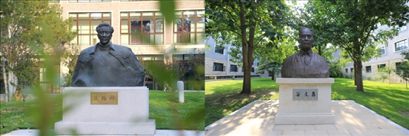 拼版照片：左圖為中央黨校（國家行政學院）校園內(nèi)的焦裕祿雕塑；右圖為中央黨校（國家行政學院）校園內(nèi)的谷文昌雕塑。