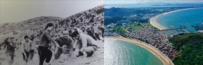 拼版照片：左圖為東山縣群眾在荒山上種植樹苗（資料照片）；右圖為2020年6月18日拍攝的東山縣陳城鎮(zhèn)澳角村附近風光（無人機照片，新華社記者 姜克紅 攝）。