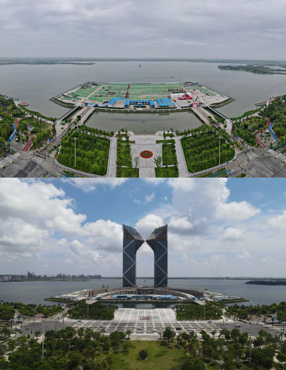 拼版照片：空中俯瞰中國（上海）自由貿(mào)易試驗(yàn)區(qū)臨港新片區(qū)滴水湖西島中銀金融中心項(xiàng)目現(xiàn)場（上圖為2021年6月20日攝，無人機(jī)照片；下圖為2024年8月14日攝，無人機(jī)照片）。2019年8月20日，臨港新片區(qū)揭牌成立，一個(gè)開放新高地在長江與東海交匯處日益崛起。