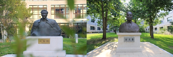 △左圖為中央黨校（國(guó)家行政學(xué)院）校園內(nèi)的焦裕祿雕塑，右圖為校園內(nèi)的谷文昌雕塑。