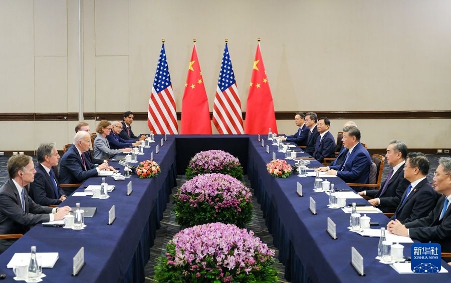 當(dāng)?shù)貢r(shí)間11月16日下午，國家主席習(xí)近平在利馬同美國總統(tǒng)拜登舉行會晤。新華社記者 丁林 攝