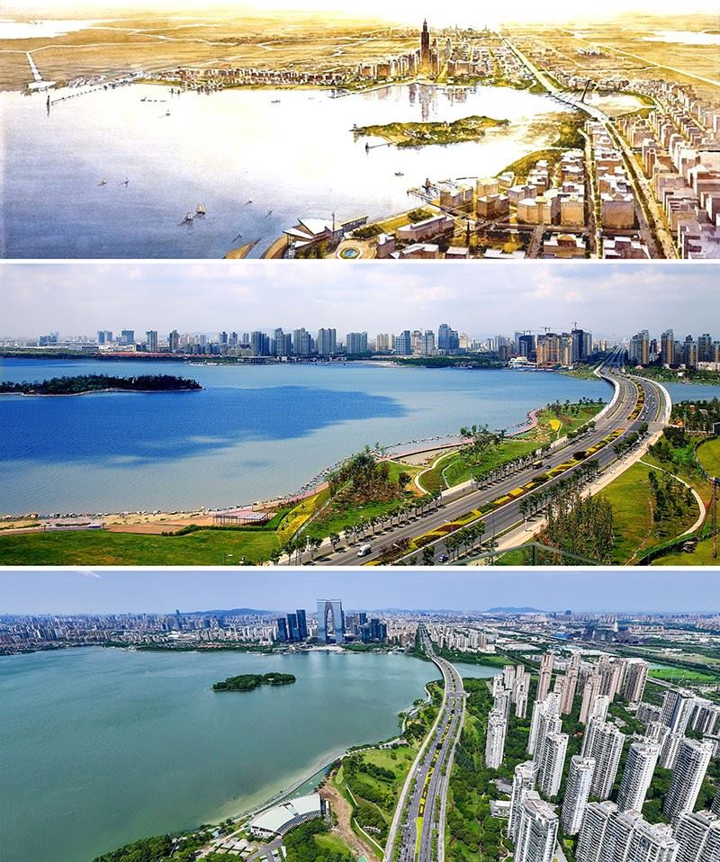 拼版照片：上圖為1994年繪制的蘇州工業(yè)園區(qū)手繪規(guī)劃圖；中圖為2007年拍攝的蘇州工業(yè)園區(qū)；下圖為2023年7月4日用無人機拍攝的蘇州工業(yè)園區(qū)。