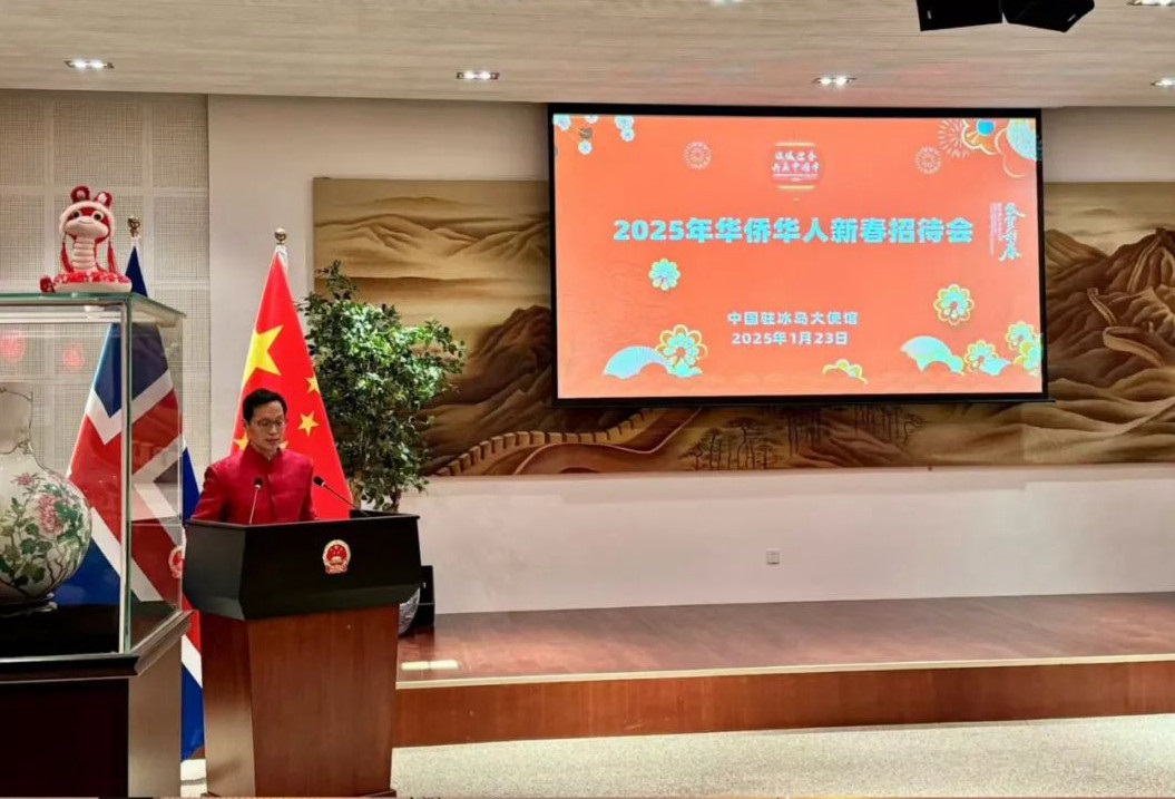 中國(guó)駐冰島大使何儒龍致辭。中國(guó)駐冰島大使館供圖