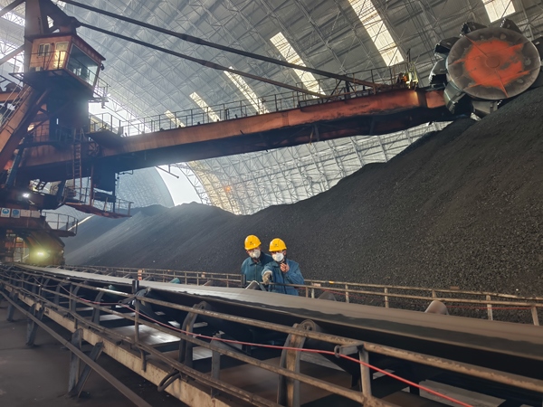 趙善國（右）和同事對電廠煤場進(jìn)行巡檢。受訪者供圖