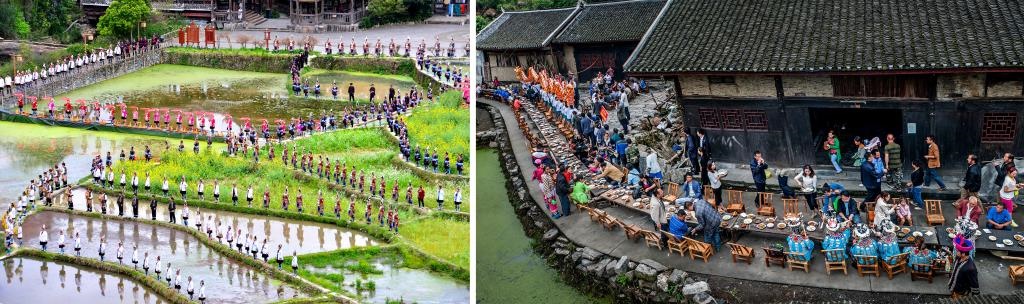 左圖：近期，人們在黎平縣肇興侗寨的田園里演唱侗族大歌（黎平縣委宣傳部供圖）；右圖：這是2023年拍攝的十八洞村長桌宴（湘西州委宣傳部供圖）。