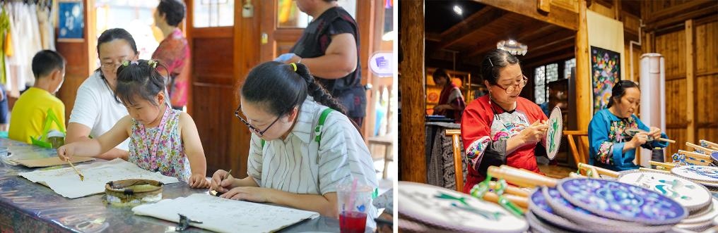 左圖：近期，游客在黎平縣肇興侗寨體驗非遺蠟染藝術(shù)（黎平縣委宣傳部供圖）；右圖：這是2024年拍攝的繡娘在十八洞村梨子寨苗繡鄉(xiāng)村振興示范基地制作苗繡產(chǎn)品（湘西州委宣傳部供圖）。