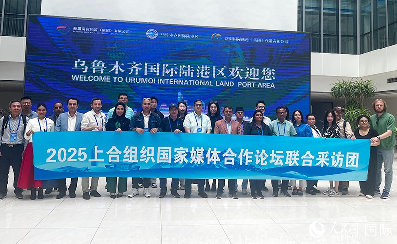 5月26日，外國媒體人在烏魯木齊國際陸港區(qū)合影留念。 人民網(wǎng)記者 翟轉(zhuǎn)麗攝