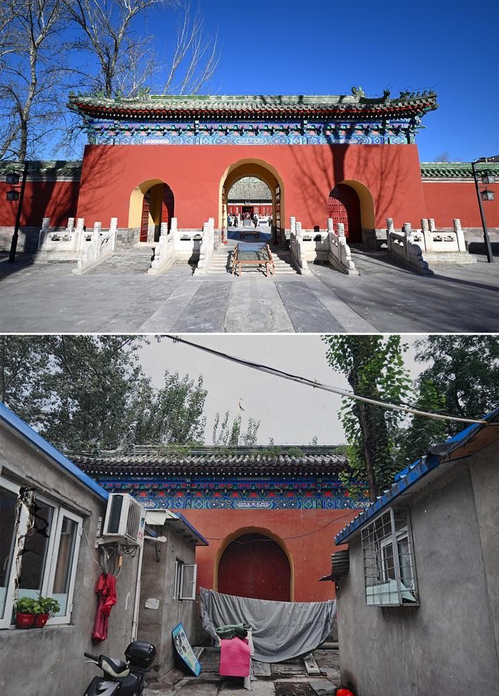 位于先農(nóng)壇內(nèi)的慶成宮，曾長時(shí)間被雜亂的民居占據(jù)。在北京中軸線申遺保護(hù)工作的帶動(dòng)下，北京完成了慶成宮區(qū)域文物征收騰退、非文物建筑拆除、彩畫保護(hù)、本體修繕、展覽布陳等，讓560多年歷史的古建群重新回歸。2024年12月，北京中軸線上先農(nóng)壇內(nèi)的慶成宮首次面向社會(huì)公眾開放。上圖為騰退修繕后的慶成宮內(nèi)宮門（資料照片）；下圖為翻拍的慶成宮內(nèi)宮門騰退修繕前的資料照片（2024年12月21日攝）。